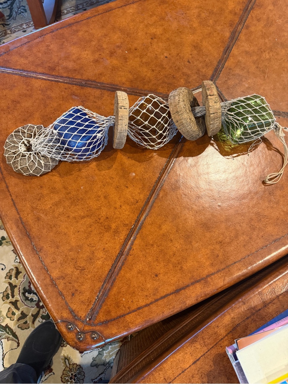 Antique fisherman  (3) glass fishing floats rare square Japan Blue, Green, Amber